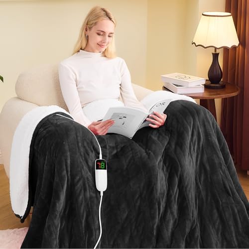 greenoak Heated Blanket Electric Throw 50"X60", Heating Blanket with 10 Heat Levels 1/2/4/6/8 Hours Auto-Off Overheat Protection, Flannel Sherpa Soft Warm Heater Blanket, ETL Certified Misty Grey - Grand Goldman
