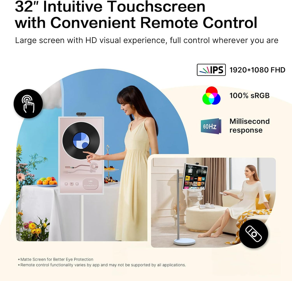 iScreen 32-Inch Portable Monitor, 1080P FHD Rolling TV on Wheels with Rotatable Touch Screen, Android 13 OS, 8G RAM+128G Storage, Built-in Battery, Full Swivel Rotation, Voice Remote - Grand Goldman