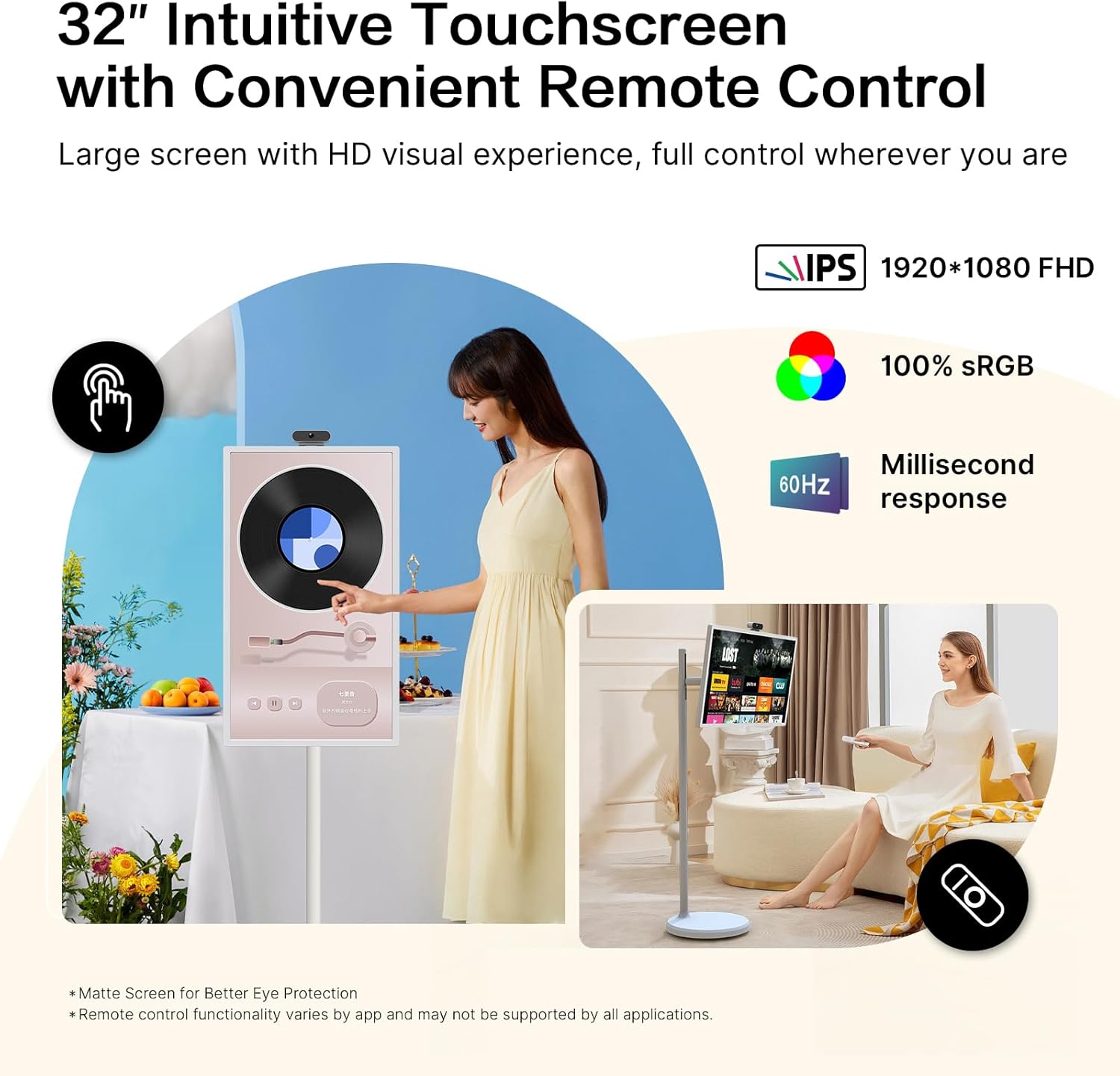 iScreen 32-Inch Portable Monitor, 1080P FHD Rolling TV on Wheels with Rotatable Touch Screen, Android 13 OS, 8G RAM+128G Storage, Built-in Battery, Full Swivel Rotation, Voice Remote - Grand Goldman