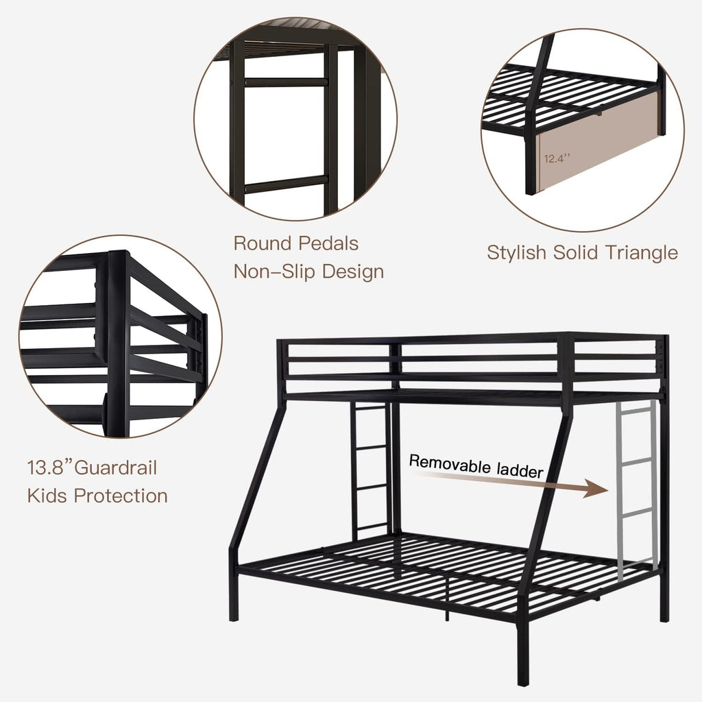 ikalido Metal Bunk Bed, Twin Over Full Size Beds with Sturdy Guard Rail & Removable Ladder, Space-Saving/Noise-Free/Matte Black - Grand Goldman