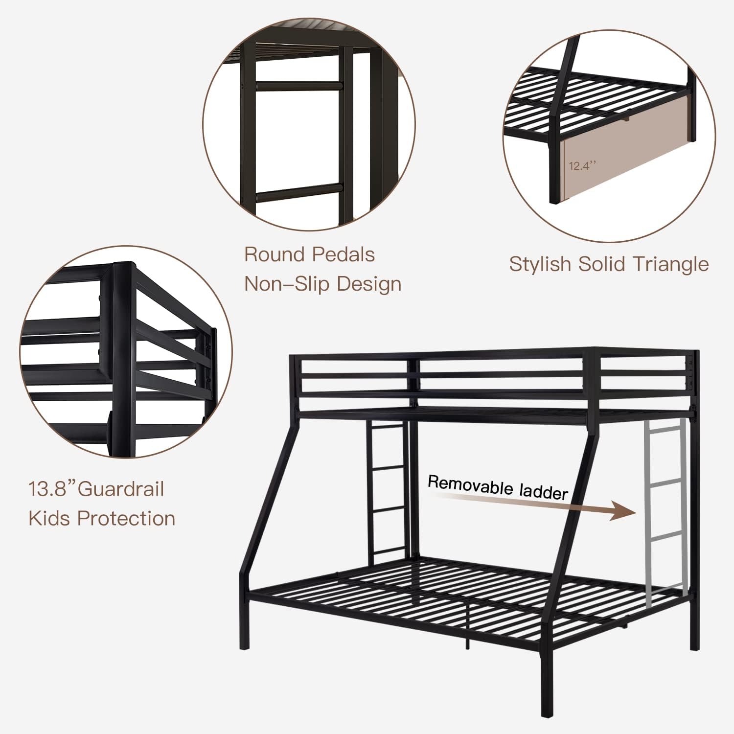 ikalido Metal Bunk Bed, Twin Over Full Size Beds with Sturdy Guard Rail & Removable Ladder, Space-Saving/Noise-Free/Matte Black - Grand Goldman