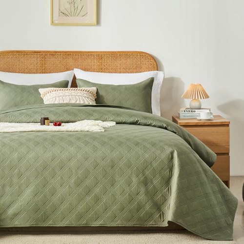 inron Queen Quilt Bedding Set,Soft Ultrasonic Full/Queen Quilt Set, Lightweight Olive Green Bedspread Queen Size,Cozy Geometric Coverlet Set for All Seasons(Includes 1 Quilt and 2 Pillow Shams) - Grand Goldman