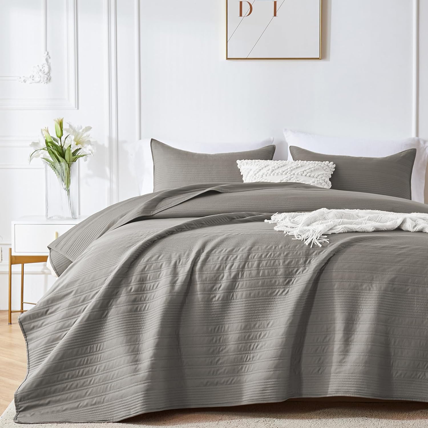 inron Queen Quilt Bedding Set,Soft Ultrasonic Full/Queen Quilt Set, Lightweight Olive Green Bedspread Queen Size,Cozy Geometric Coverlet Set for All Seasons(Includes 1 Quilt and 2 Pillow Shams) - Grand Goldman