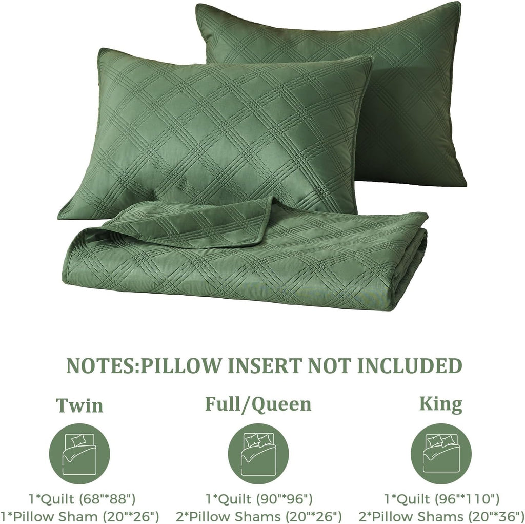 inron Queen Quilt Bedding Set,Soft Ultrasonic Full/Queen Quilt Set, Lightweight Olive Green Bedspread Queen Size,Cozy Geometric Coverlet Set for All Seasons(Includes 1 Quilt and 2 Pillow Shams) - Grand Goldman