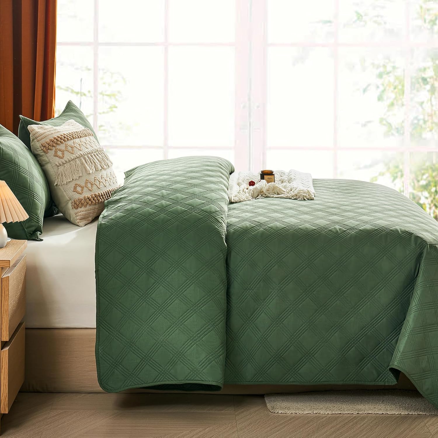 inron Queen Quilt Bedding Set,Soft Ultrasonic Full/Queen Quilt Set, Lightweight Olive Green Bedspread Queen Size,Cozy Geometric Coverlet Set for All Seasons(Includes 1 Quilt and 2 Pillow Shams) - Grand Goldman