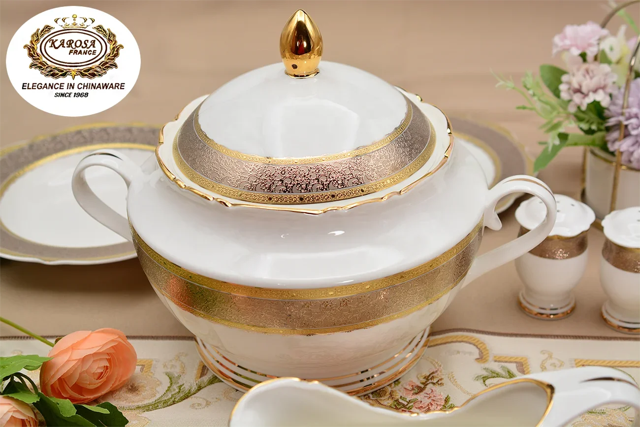 karosa royal style golden luxury 98 pcs dinner sets bone china dinner set dinnerware sets - Grand Goldman