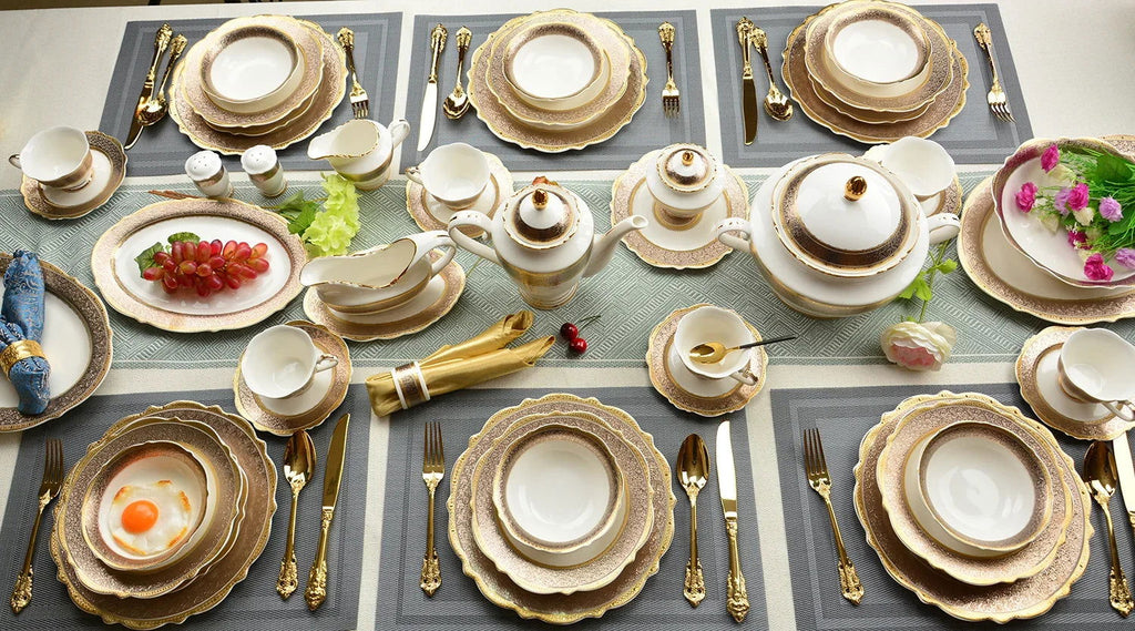 karosa royal style golden luxury 98 pcs dinner sets bone china dinner set dinnerware sets - Grand Goldman