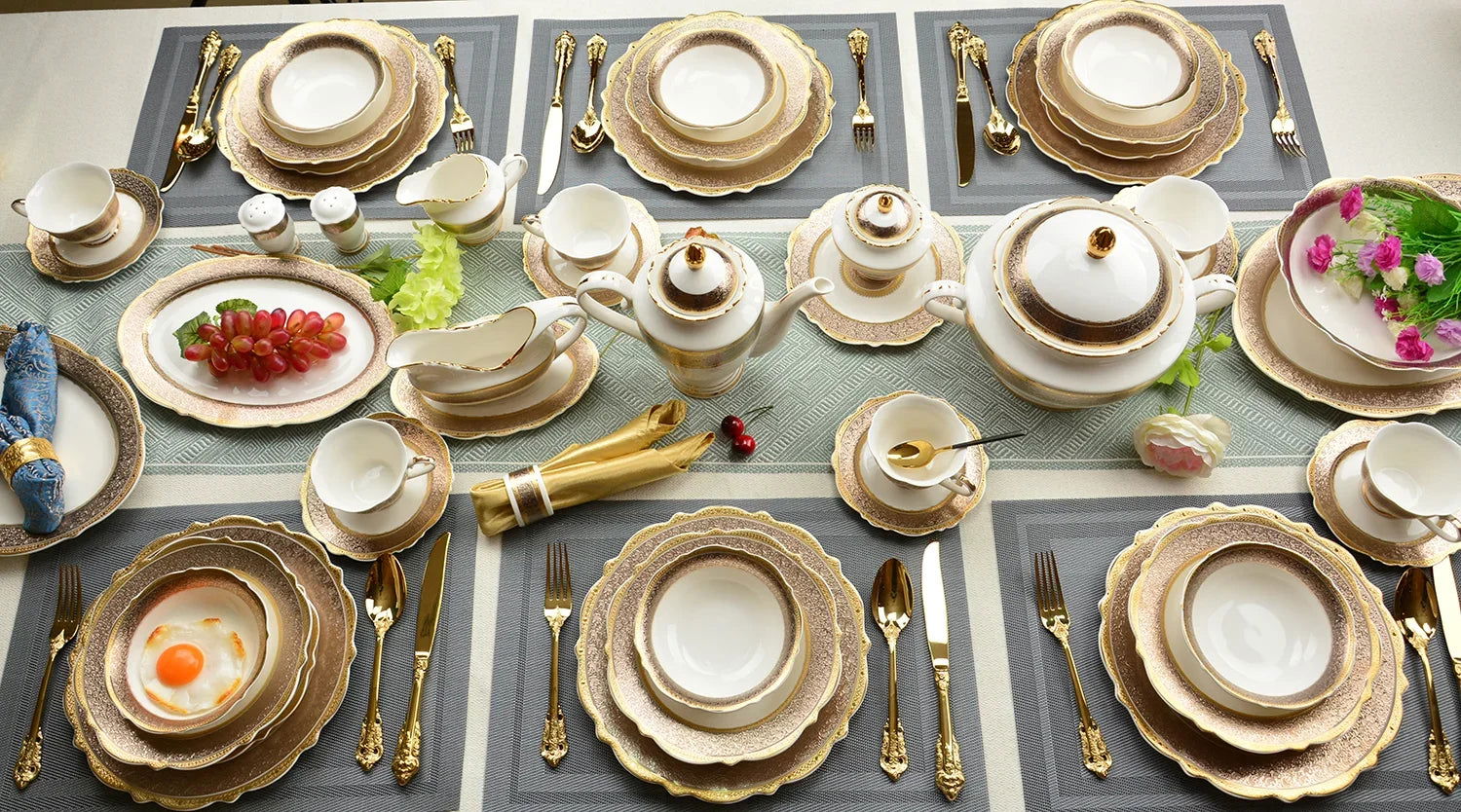 karosa royal style golden luxury 98 pcs dinner sets bone china dinner set dinnerware sets - Grand Goldman