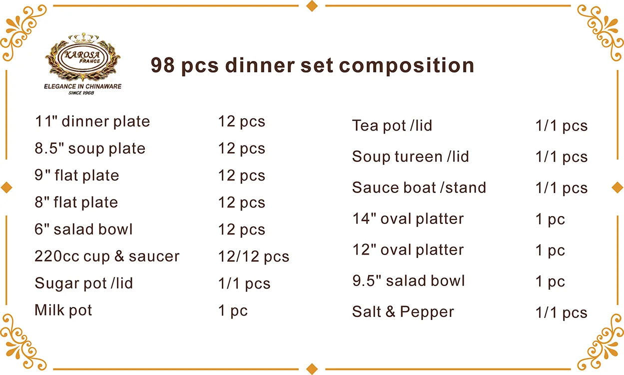 karosa royal style golden luxury 98 pcs dinner sets bone china dinner set dinnerware sets - Grand Goldman