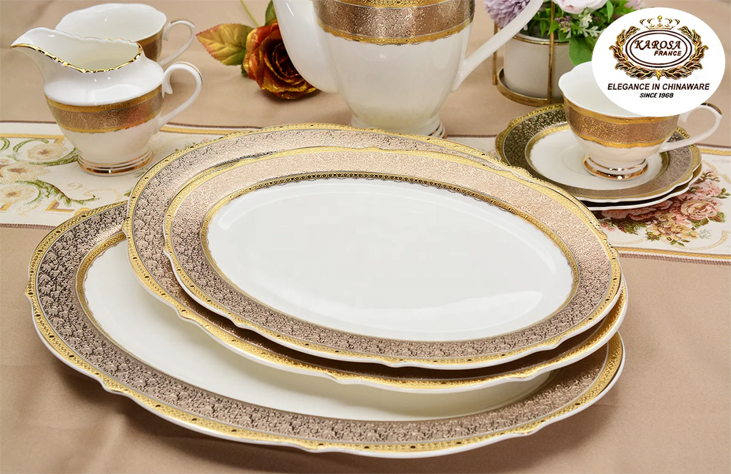 karosa royal style golden luxury 98 pcs dinner sets bone china dinner set dinnerware sets - Grand Goldman