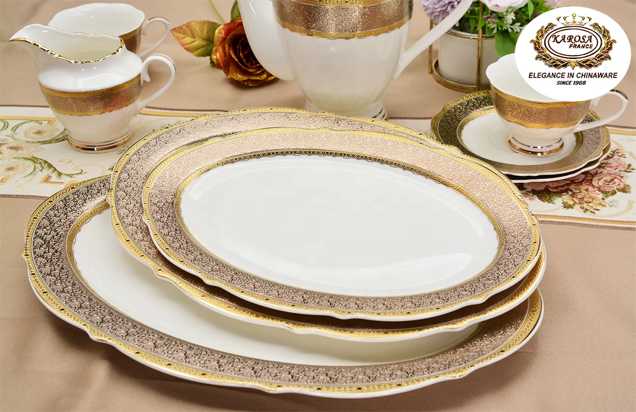 karosa royal style golden luxury 98 pcs dinner sets bone china dinner set dinnerware sets - Grand Goldman