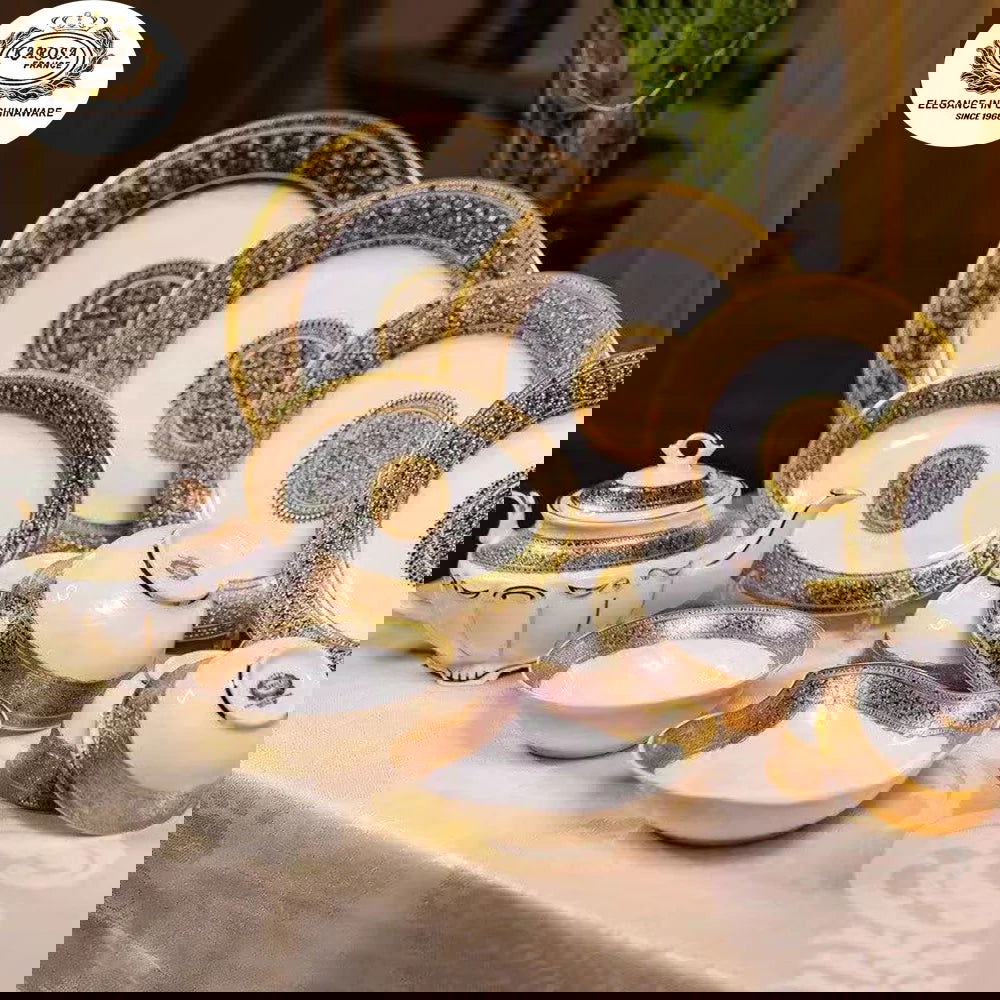 karosa royal style golden luxury 98 pcs dinner sets bone china dinner set dinnerware sets - Grand Goldman