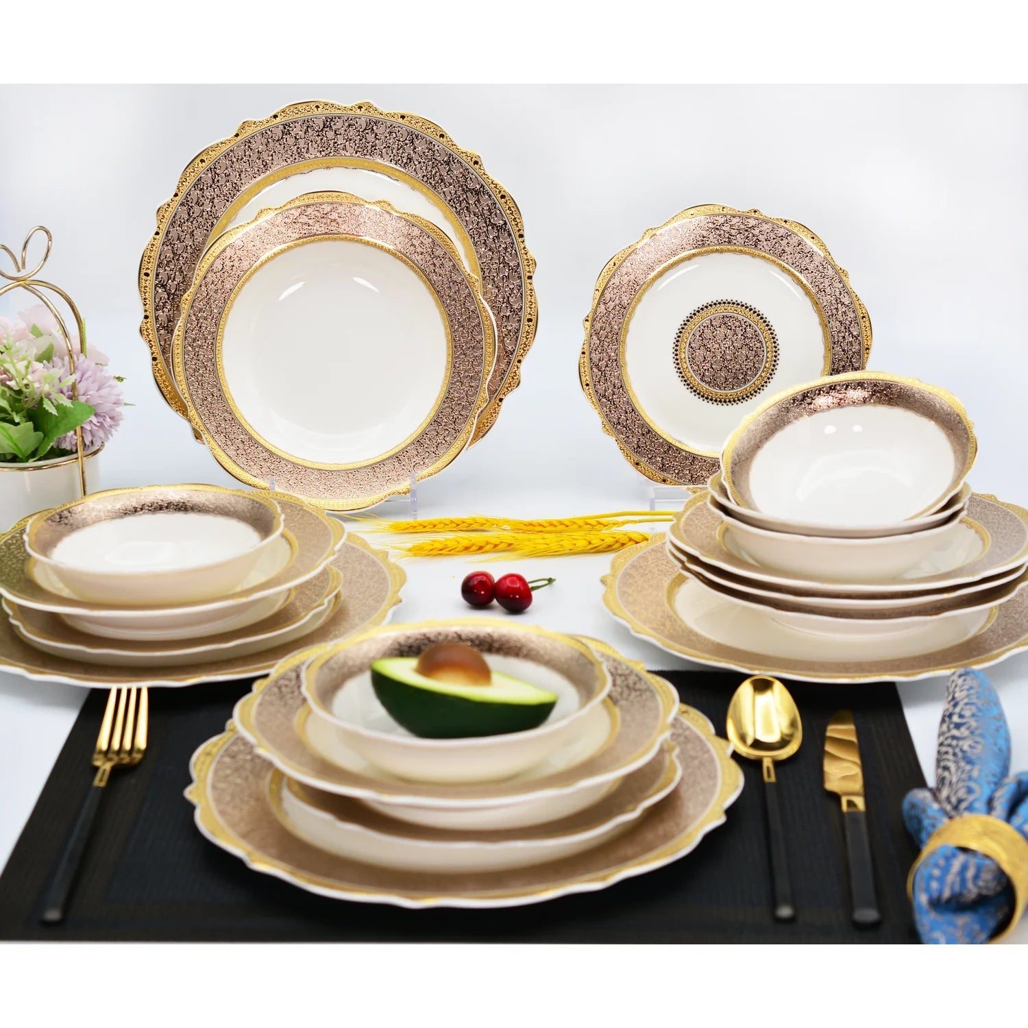 karosa royal style golden luxury 98 pcs dinner sets bone china dinner set dinnerware sets - Grand Goldman