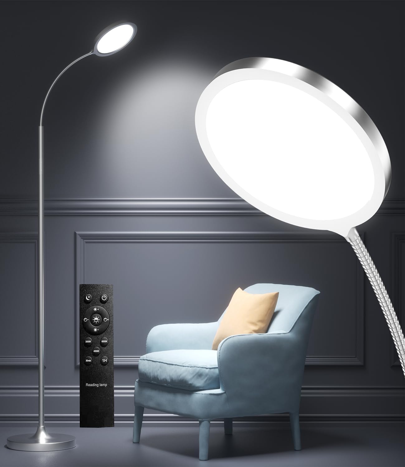 luckystyle Floor Lamp,Super Bright Dimmable LED Lamps for Living Room, Custom Color Temperature Standing Lamp with Remote Push Button, Adjustable Gooseneck Reading Floor Lamp for Bedroom Office Black - Grand Goldman