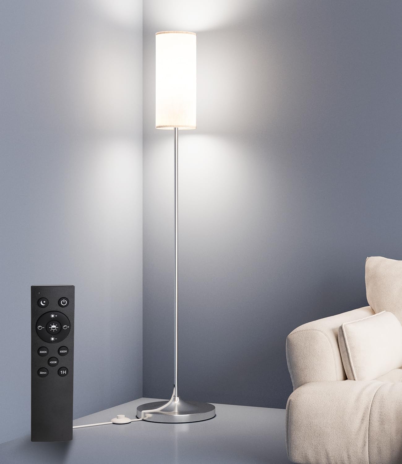 luckystyle LED Floor Lamp for Living Room, Dimmable Standing Lamps with Foot Switch,Remote Custom Color Temperature Black Pole Lamp with Lampshade,12W Led Bulb Tall Lamps for Office Kid Room Bedroom - Grand Goldman