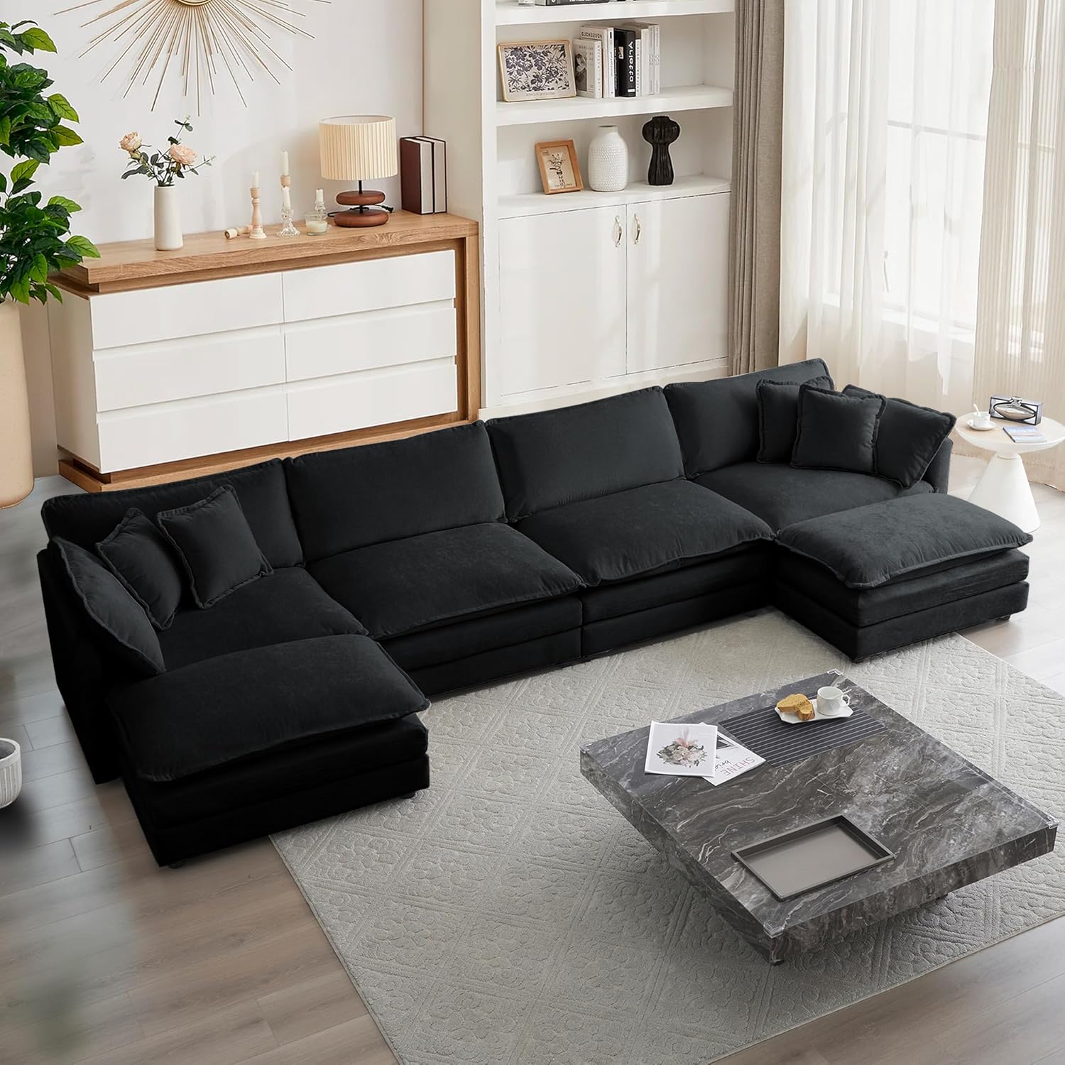 mikibama Modular Sectional Sofa, 111.5 Inch U Shaped Couch Set for Living Room, 3-Seater Comfy Cloud Couches with Movable Ottoman, DIY Combination, Chenille, Light Coffee - Grand Goldman