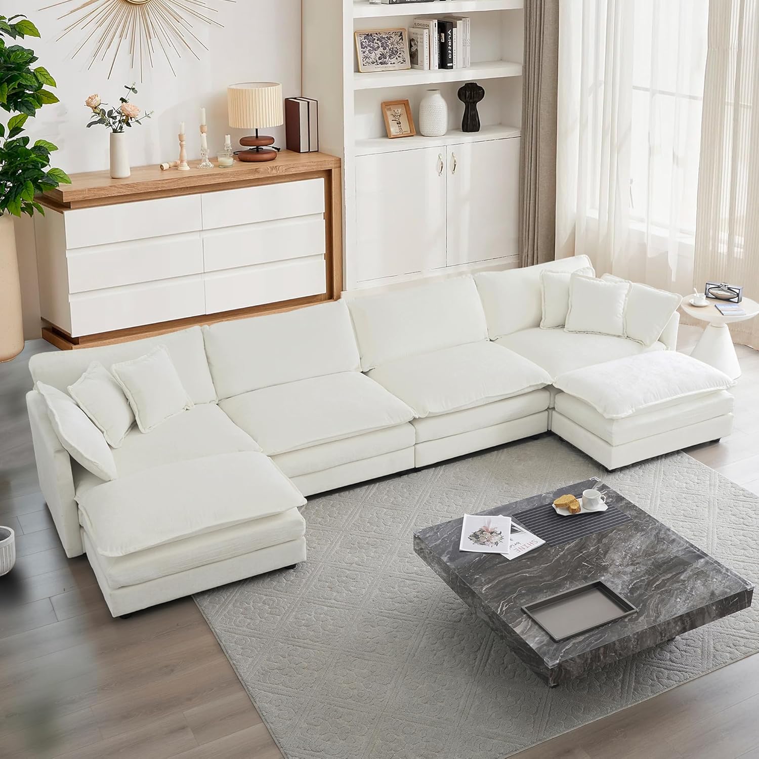 mikibama Modular Sectional Sofa, 111.5 Inch U Shaped Couch Set for Living Room, 3-Seater Comfy Cloud Couches with Movable Ottoman, DIY Combination, Chenille, Light Coffee - Grand Goldman