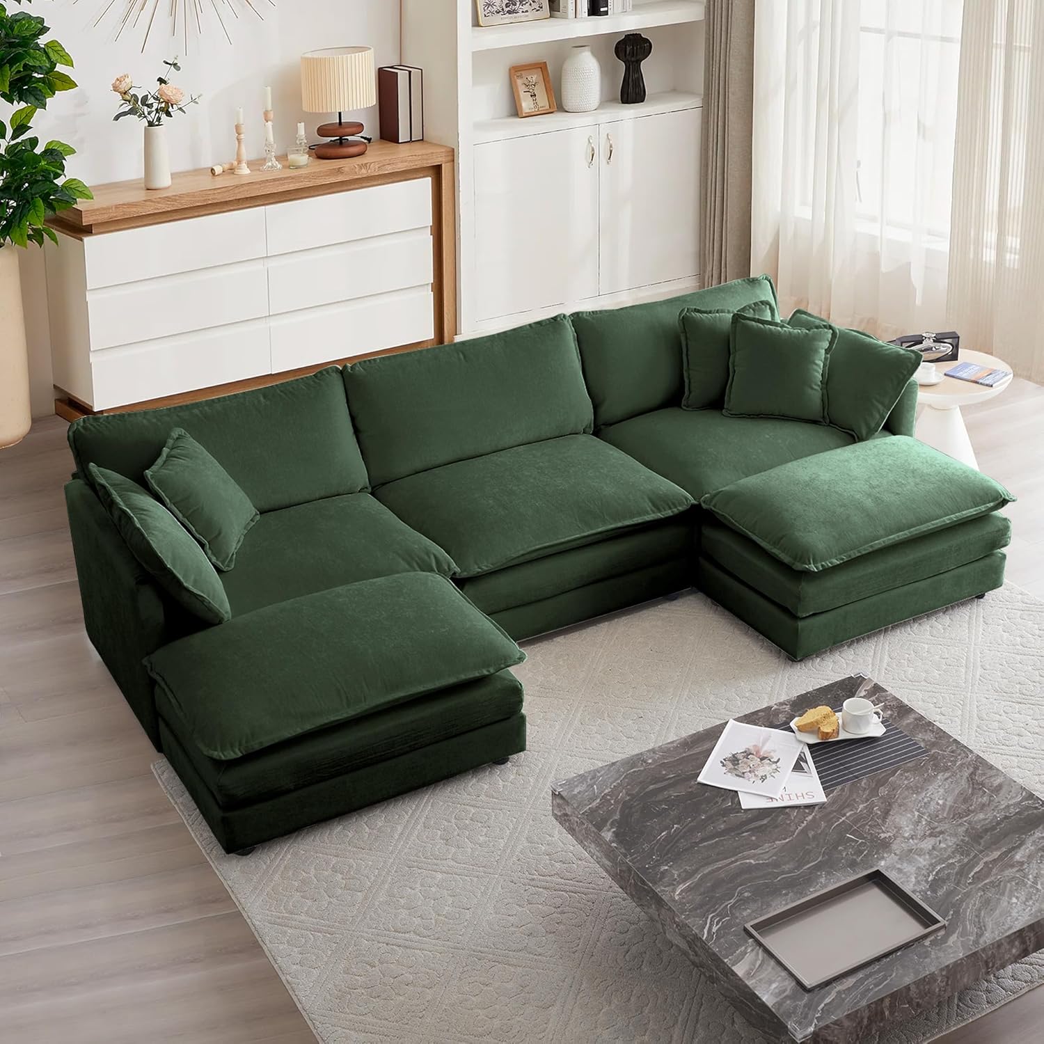 mikibama Modular Sectional Sofa, 111.5 Inch U Shaped Couch Set for Living Room, 3-Seater Comfy Cloud Couches with Movable Ottoman, DIY Combination, Chenille, Light Coffee - Grand Goldman