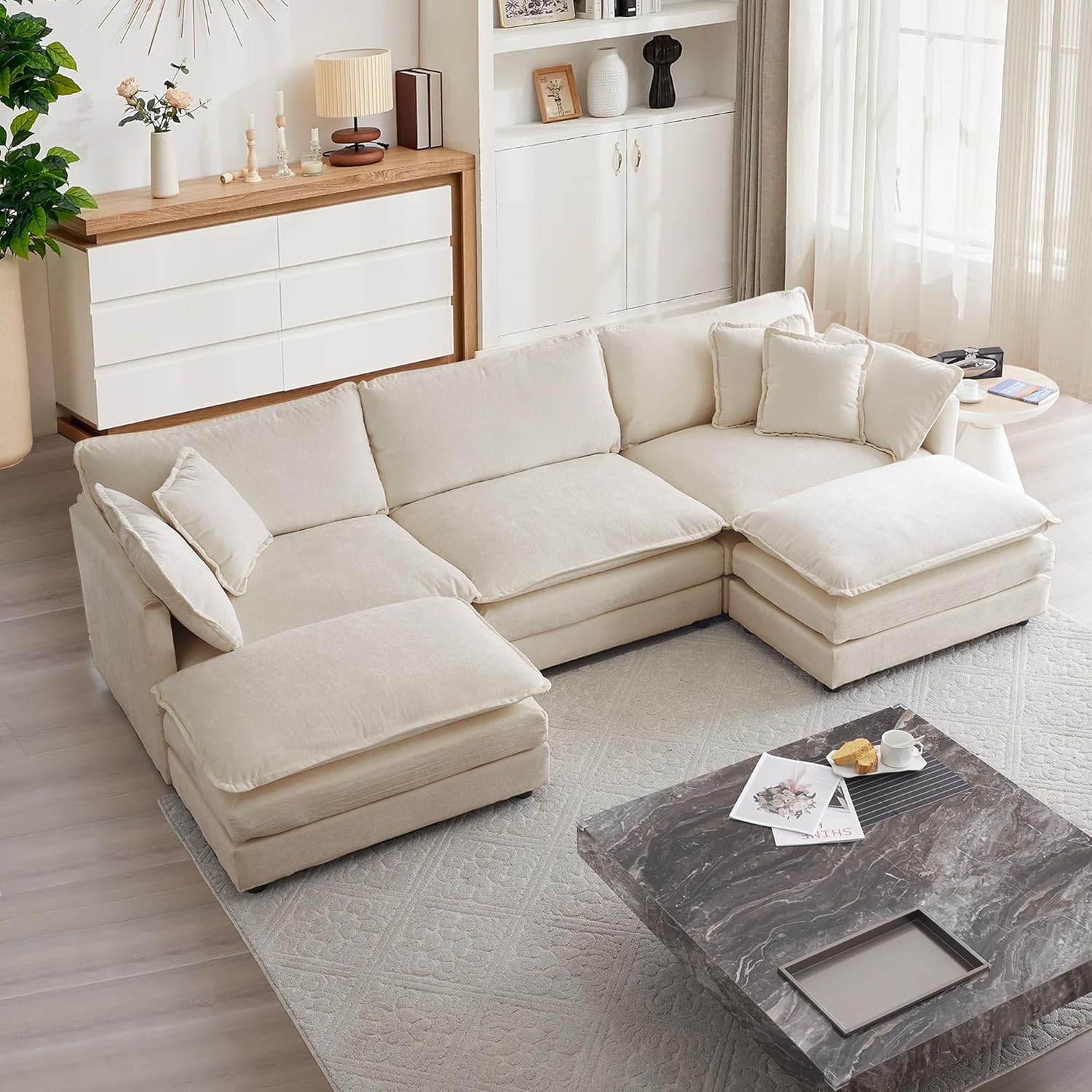 mikibama Modular Sectional Sofa, 111.5 Inch U Shaped Couch Set for Living Room, 3-Seater Comfy Cloud Couches with Movable Ottoman, DIY Combination, Chenille, Light Coffee - Grand Goldman