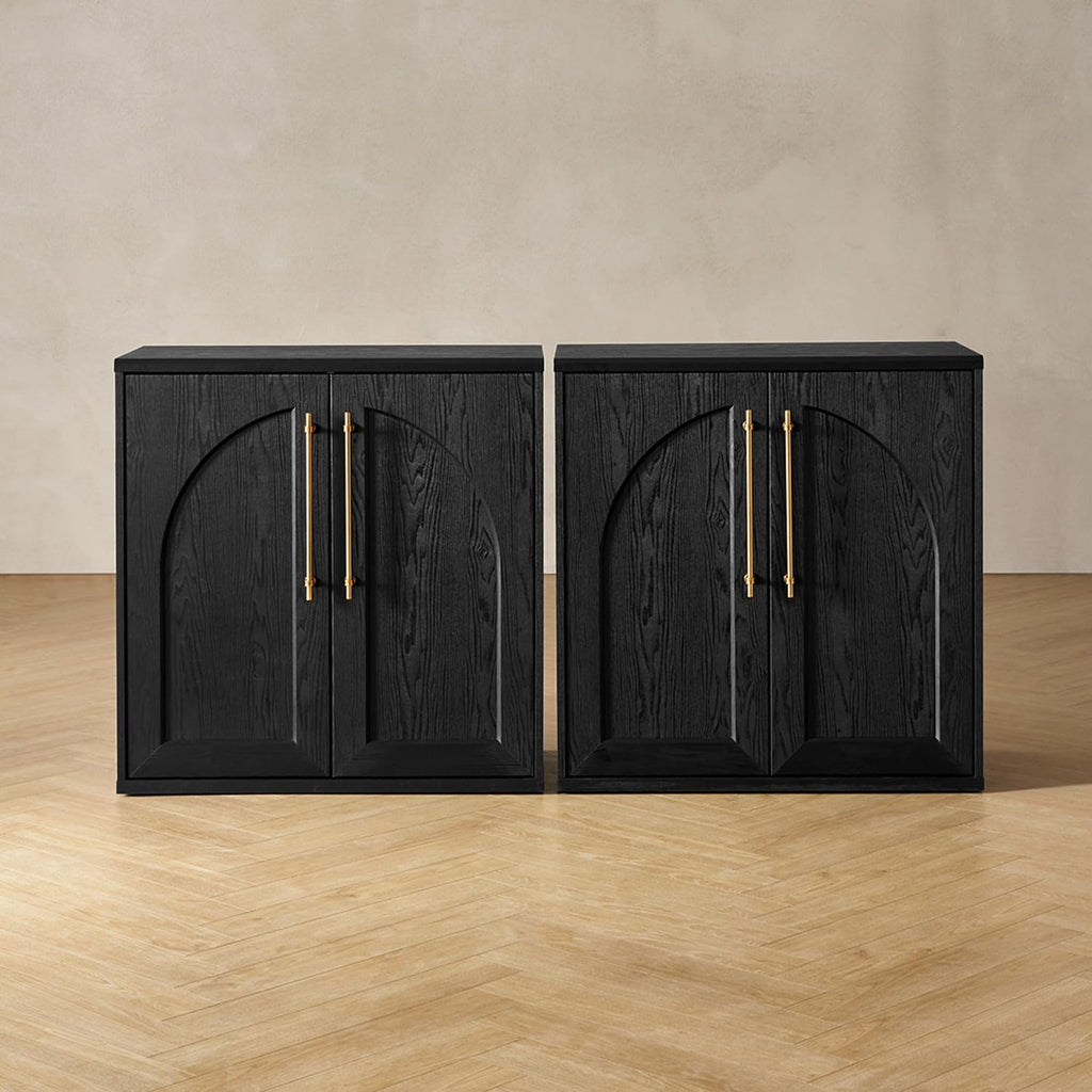 mopio Blake Storage Cabinet, Sideboard Buffet Cabinet with Storage, Small Modular Accent Display Cabinet, Kitchen Coffee Bar Pantry Cabinet, Media Console Credenza (Black Oak Arched, Set of 2) - Grand Goldman