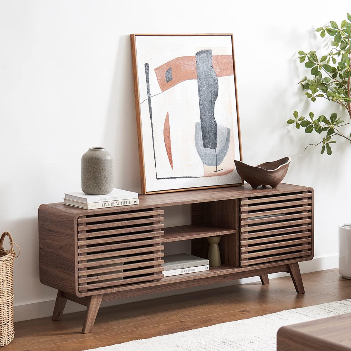 mopio Ensley TV Stand, Mid Century Modern TV Stand for 55/60/65 inch TV, Farmhouse TV Stand, Entertainment Center with Storage, TV and Media Consol for Living Room (Walnut, 59") - Grand Goldman