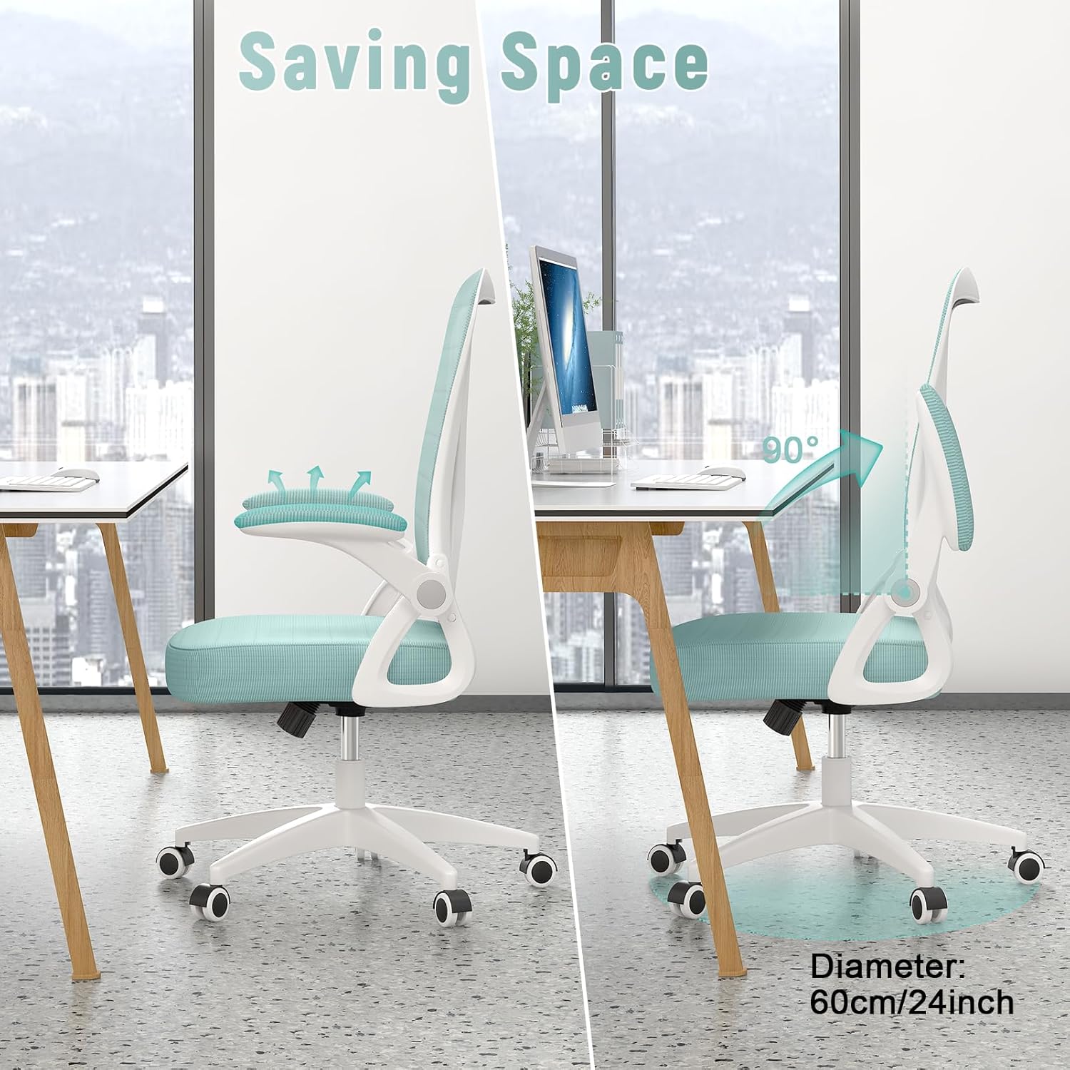 naspaluro Ergonomic Office Chair, Computer Chair with Adjustable Height, Flip-Up Arms and Lumbar Support, Breathable Mesh Desk Chair for Home Study Working (Without Headrest, Green) - Grand Goldman