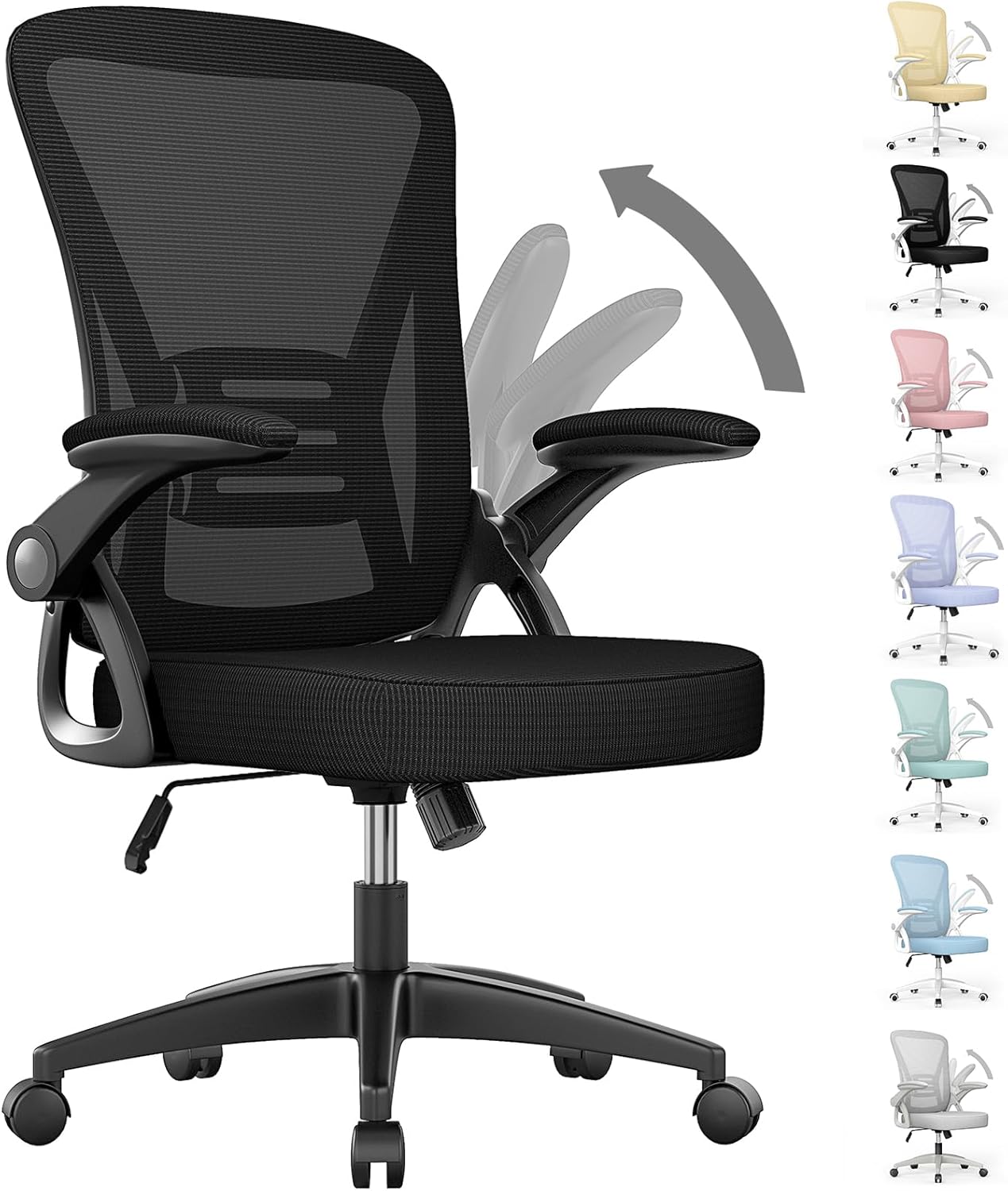 naspaluro Ergonomic Office Chair, Mid Back Desk Chair with Adjustable Height, Swivel Chair with Flip-Up Arms and Lumbar Support, Breathable Mesh Computer Chair for Home/Study/Working, Dark Black - Grand Goldman