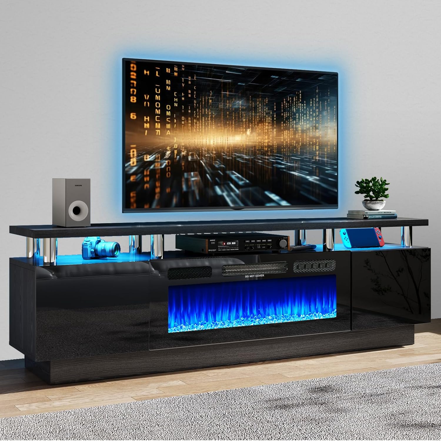 oneinmil 70" Modern Electric Fireplace TV Stand for TVs Up to 80 inch, with Electronic Flame and LED Lights, Luxury High Gloss Finish Entertainment Center, TV Console Cabinet for Living Room, Black - Grand Goldman