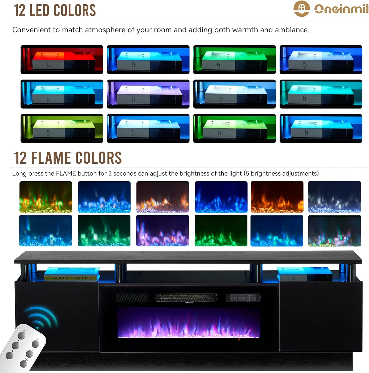 oneinmil 70" Modern Electric Fireplace TV Stand for TVs Up to 80 inch, with Electronic Flame and LED Lights, Luxury High Gloss Finish Entertainment Center, TV Console Cabinet for Living Room, Black - Grand Goldman