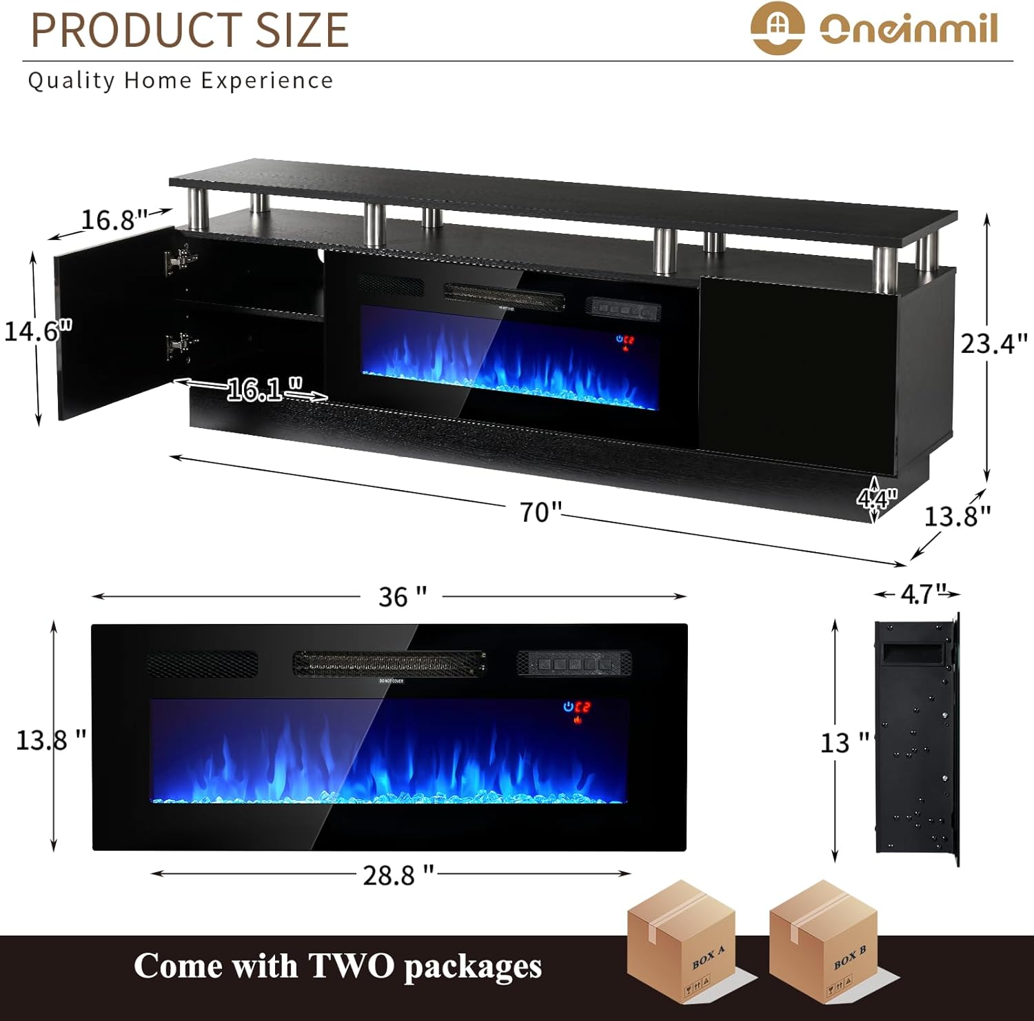 oneinmil 70" Modern Electric Fireplace TV Stand for TVs Up to 80 inch, with Electronic Flame and LED Lights, Luxury High Gloss Finish Entertainment Center, TV Console Cabinet for Living Room, Black - Grand Goldman