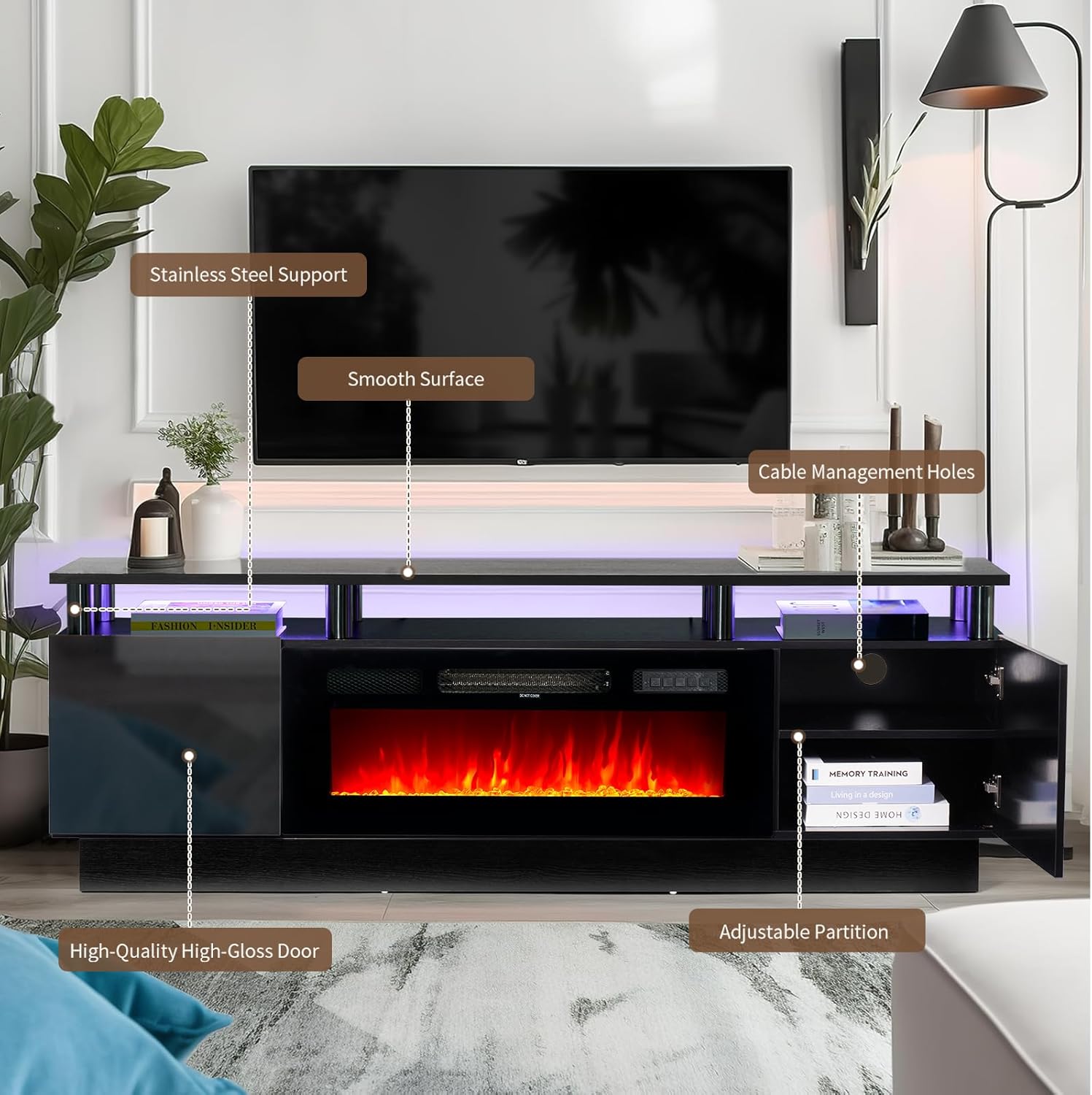 oneinmil 70" Modern Electric Fireplace TV Stand for TVs Up to 80 inch, with Electronic Flame and LED Lights, Luxury High Gloss Finish Entertainment Center, TV Console Cabinet for Living Room, Black - Grand Goldman