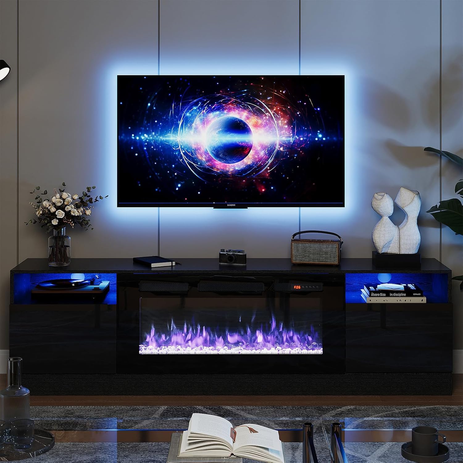 oneinmil Fireplace TV Stand with 36" Electric Fireplace, LED Light Entertainment Center, Modern Wood Texture Entertainment Stand with Highlight Storage Cabinet for TVs Up to 80", 70 inches, Black - Grand Goldman