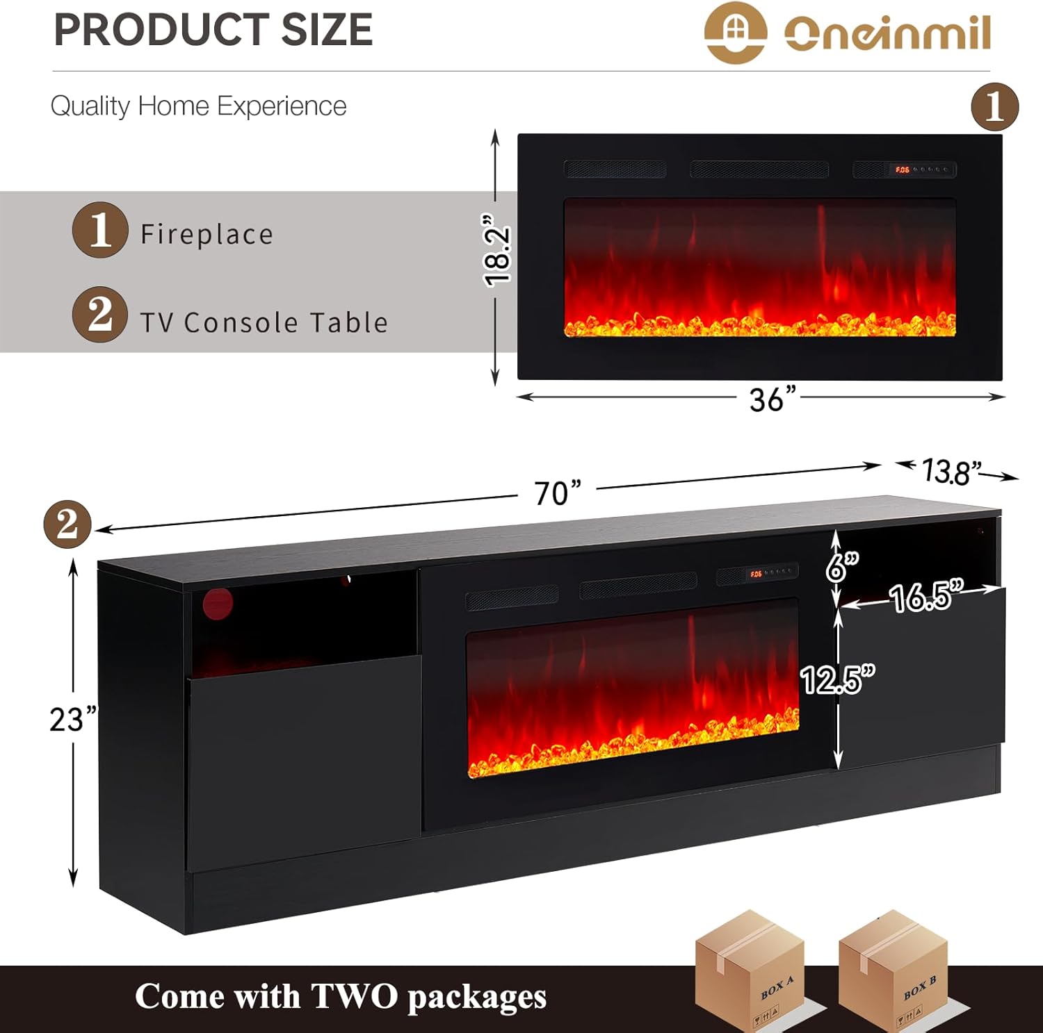 oneinmil Fireplace TV Stand with 36" Electric Fireplace, LED Light Entertainment Center, Modern Wood Texture Entertainment Stand with Highlight Storage Cabinet for TVs Up to 80", 70 inches, Black - Grand Goldman