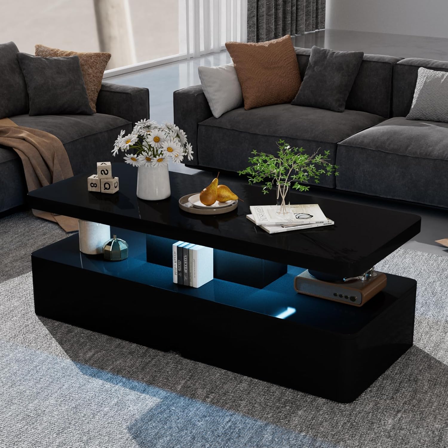 oneinmil Modern Stylish Coffee Table with 16 Colors LED Lights, Double-Layer Design for Living Room, Black - Grand Goldman