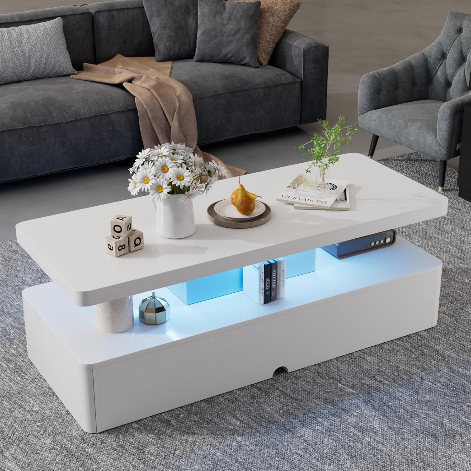 oneinmil Modern Stylish Coffee Table with 16 Colors LED Lights, Double-Layer Design for Living Room, Black - Grand Goldman