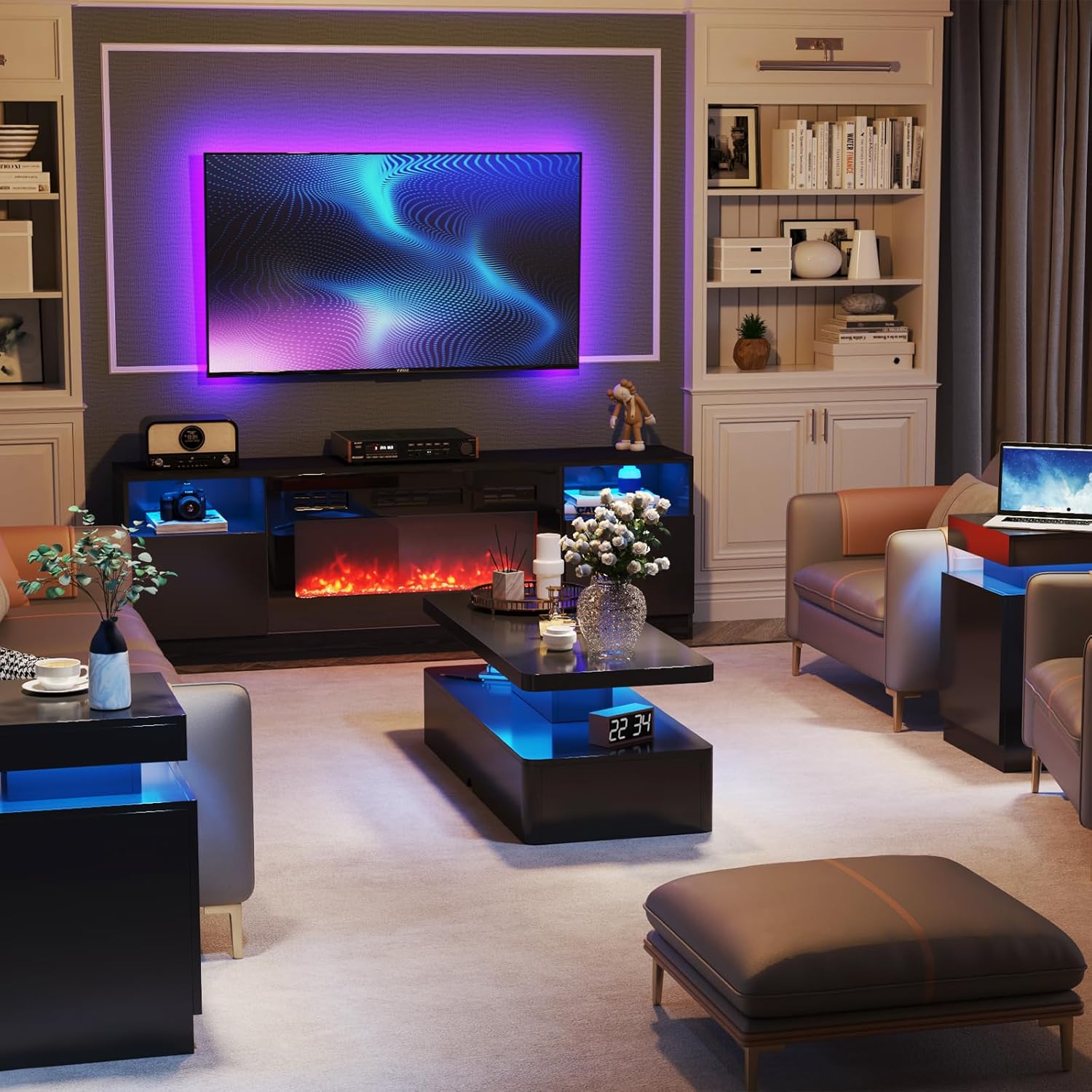 oneinmil Modern Stylish Coffee Table with 16 Colors LED Lights, Double-Layer Design for Living Room, Black - Grand Goldman