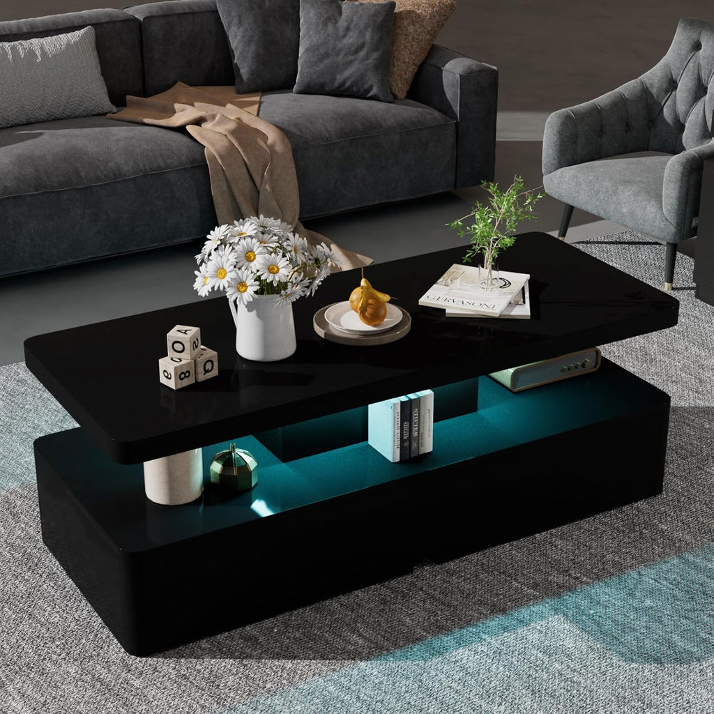 oneinmil Modern Stylish Coffee Table with 16 Colors LED Lights, Double-Layer Design for Living Room, Black - Grand Goldman