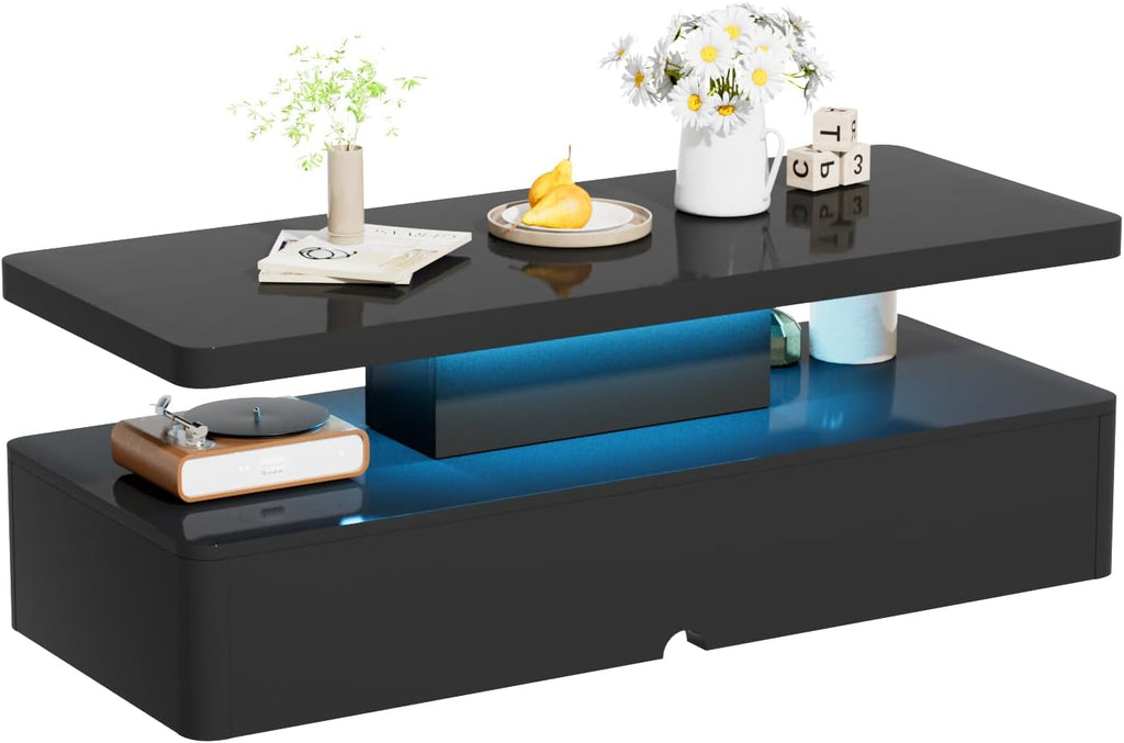 oneinmil Modern Stylish Coffee Table with 16 Colors LED Lights, Double-Layer Design for Living Room, Black - Grand Goldman