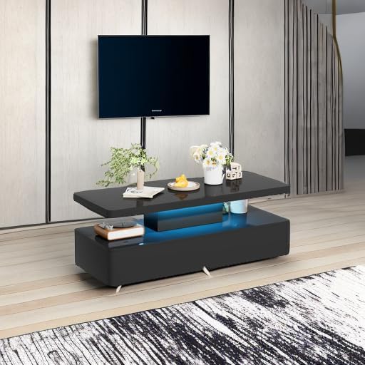 oneinmil Modern Stylish Coffee Table with 16 Colors LED Lights, Double-Layer Design for Living Room, Black - Grand Goldman