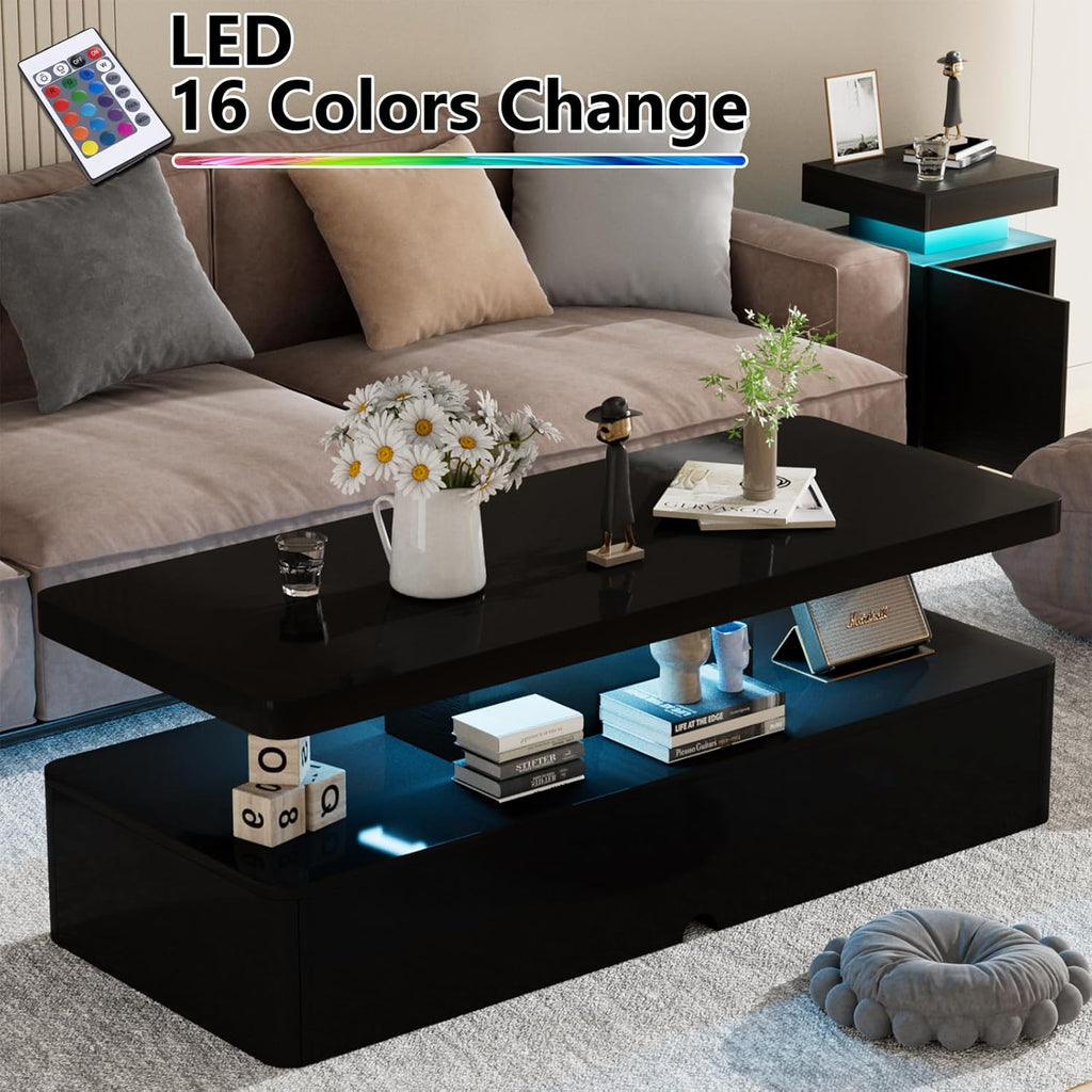 oneinmil Modern Stylish Coffee Table with 16 Colors LED Lights, Double-Layer Design for Living Room, Black - Grand Goldman