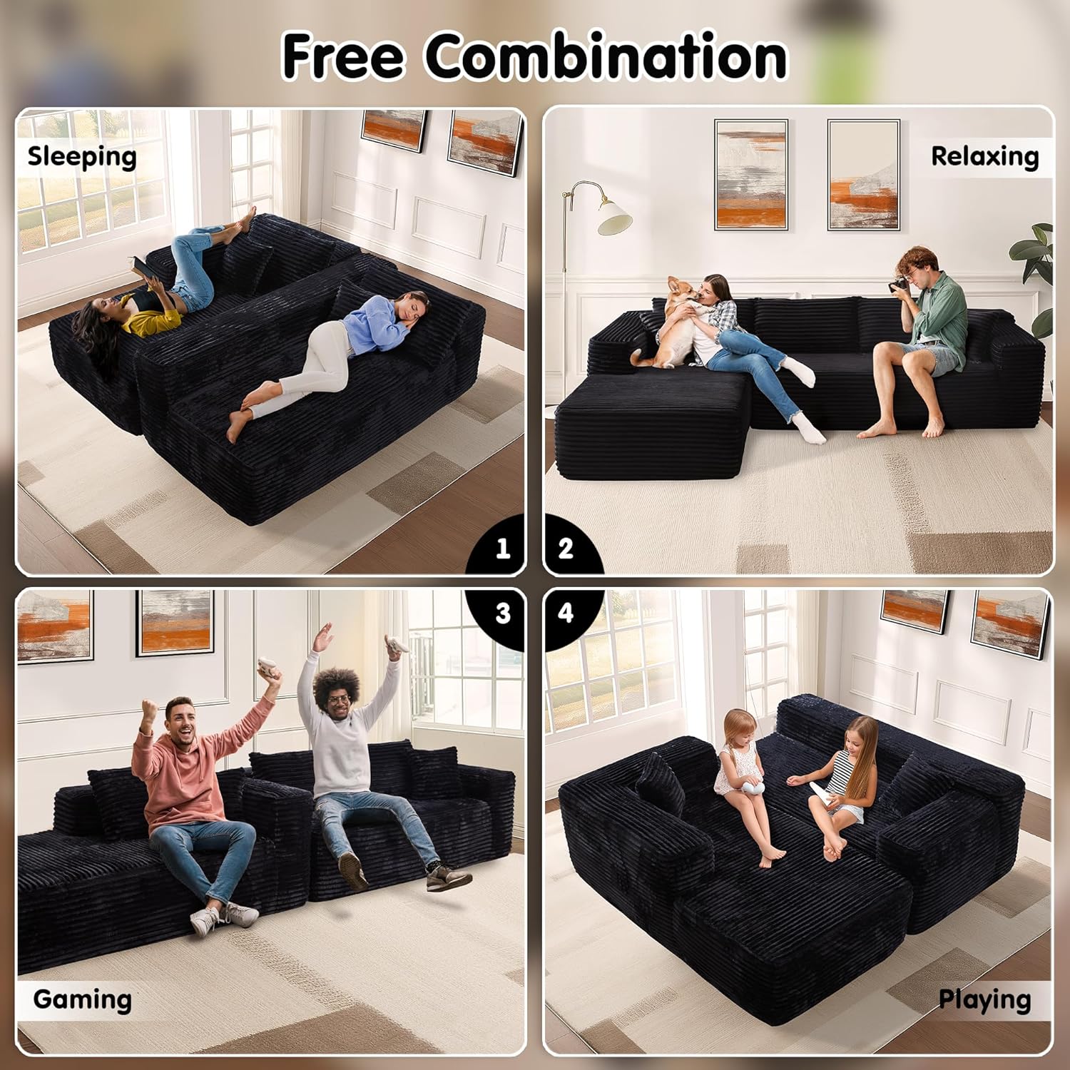 ovios 104" Cloud Sectional Couch with L-Shape Chaise,Modern Modular Sofa with Deep Seat, Upholstered Couches for Living Room Bedroom,No Assembly Required, Black (Plush Corduroy Fabric) - Grand Goldman