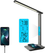 poukaran LED Desk Lamp with Wireless Charger, USB Charging Port, Table Lamp with Clock, Alarm, Date, Temperature, Desk Lamps for Home Office,Black - Grand Goldman