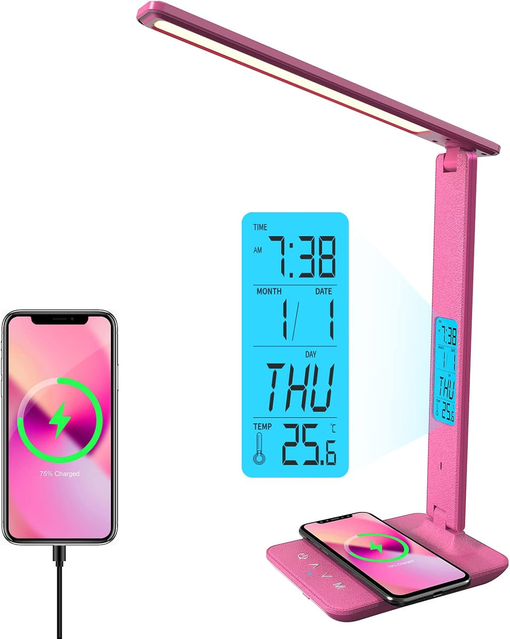 poukaran LED Desk Lamp with Wireless Charger, USB Charging Port, Table Lamp with Clock, Alarm, Date, Temperature, Desk Lamps for Home Office,Black - Grand Goldman