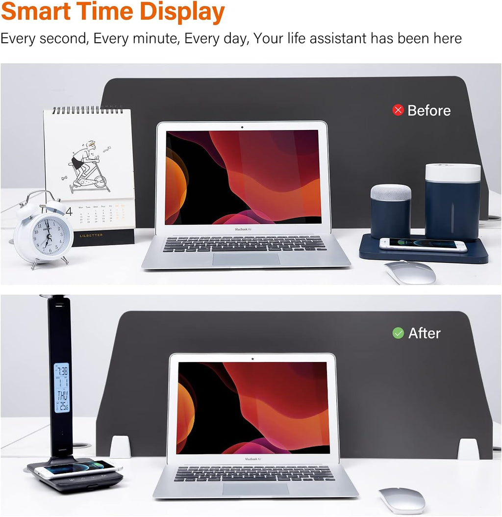 poukaran LED Desk Lamp with Wireless Charger, USB Charging Port, Table Lamp with Clock, Alarm, Date, Temperature, Desk Lamps for Home Office,Black - Grand Goldman