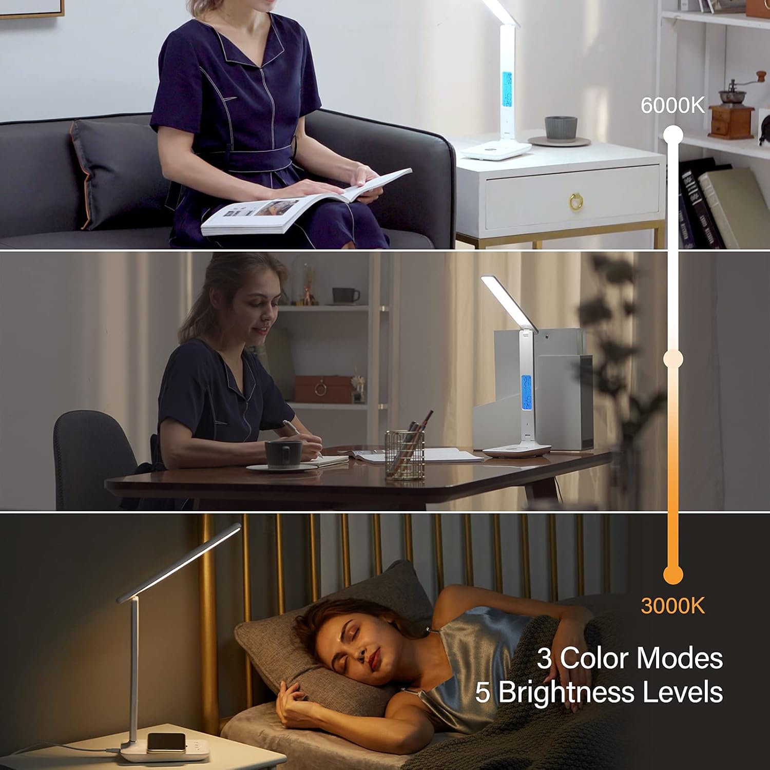 poukaran LED Desk Lamp with Wireless Charger, USB Charging Port, Table Lamp with Clock, Alarm, Date, Temperature, Desk Lamps for Home Office,Black - Grand Goldman