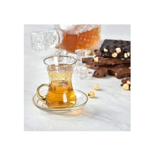 Elegant Turkish Tea Glasses Cups Set of 6 and Saucers - Moroccan Tea Glasses with 24-Carat Gold Embellishments, Durable Coffee Cup & Saucer Sets for Hot and Cold Beverages, Ideal for Parties and Everyday Use