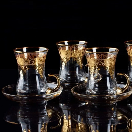 Elegant Turkish Tea Glasses Cups Set of 6 and Saucers - Moroccan Tea Glasses with 24-Carat Gold Embellishments, Durable Coffee Cup & Saucer Sets for Hot and Cold Beverages, Ideal for Parties and Everyday Use