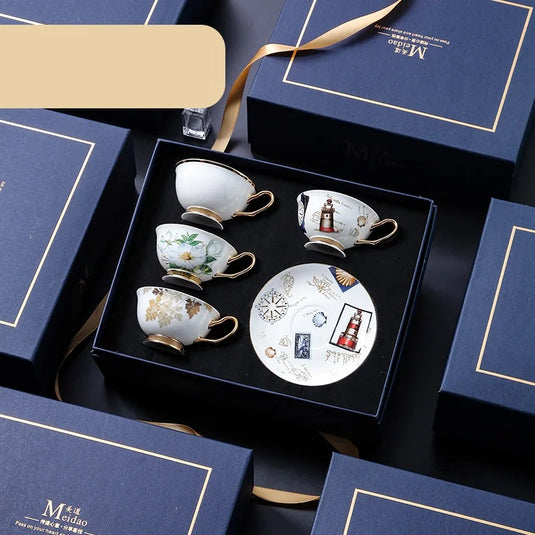 PARIS Luxury European Bone China Coffee Cup Set for British Afternoon Tea Victorian Style Hand-Painted Housewarming Wedding Gift Box with 4 Cups Plates Spoons High-End Elegant Coffee and Tea Set Valentines Birthday Mothers Fathers Day Pack