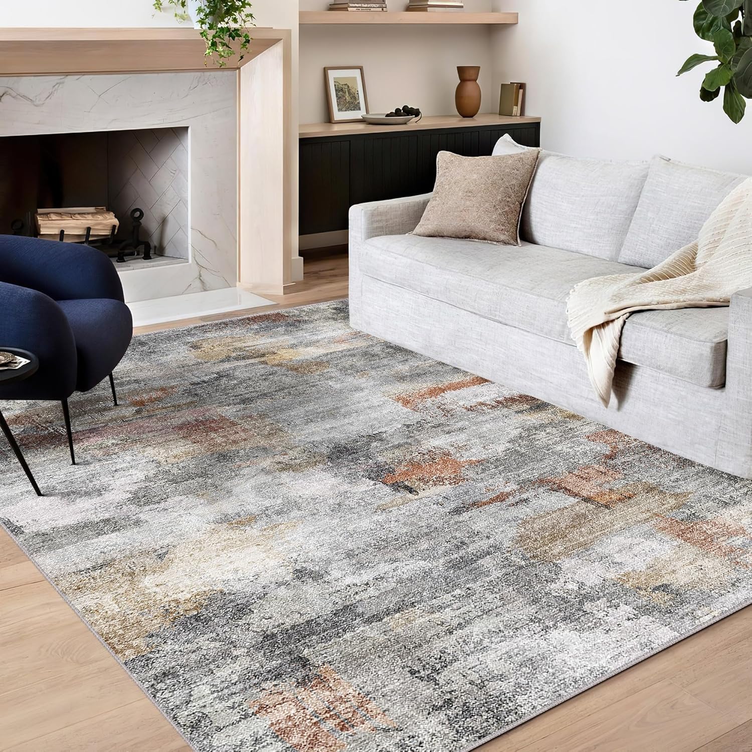 vivorug Washable Rug, Ultra Soft Area Rug 8x10, Non Slip Abstract Rug Foldable, Stain Resistant Rugs for Living Room Bedroom, Modern Fuzzy Rug (Gray/Rust, 8'x10') - Grand Goldman