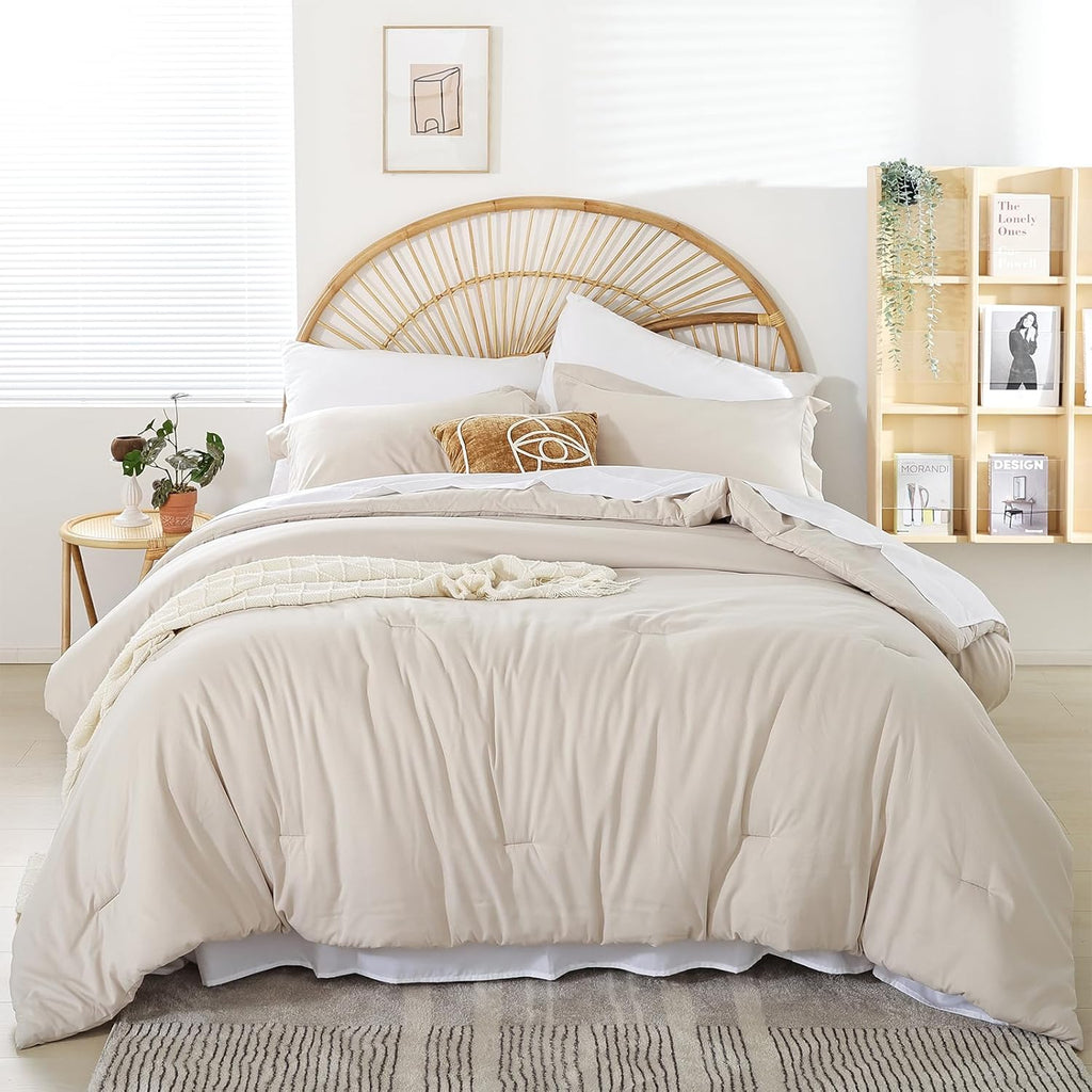 weigelia Queen Comforter Set Boho Bed 7PC Oatmeal Comforter Soft All Season Microfiber Comforter with Fitted Sheets, Flat Sheets, Pillow Shams, and Pillowcases - Grand Goldman